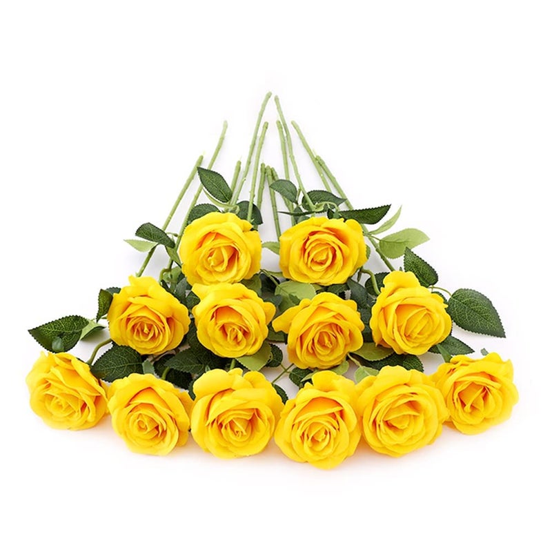 Laelfe 12 PCS Artificial Flowers Roses Silk Flowers Fake Long Stem Artificial Roses for Home Wedding Decorations (Yellow) - Image 1